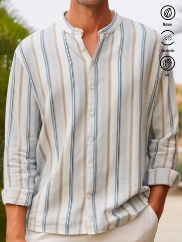 Nowcoco Beach Vacation Off-White Men's Long Sleeve Stand Collar Striped Shirt Wrinkle Free Seersucker Stretch Plus Size Aloha Camp Button-Down Shirts