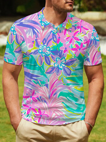 Nowcoco Beach Vacation Men's Hawaiian Polo Shirts Stretch Anti-Wrinkle Lapel Tops