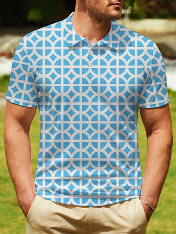 Nowcoco Beach Vacation Medieval Geometric Art Men's Hawaiian Polo Shirts Stretch Anti-Wrinkle Lapel Tops