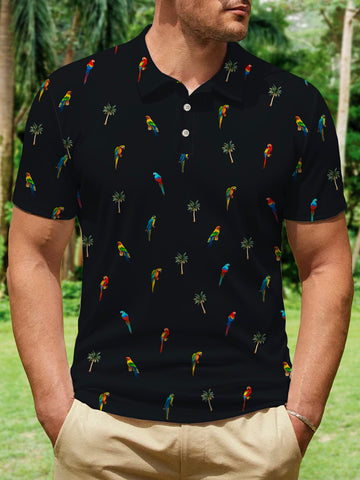 Nowcoco Beach Vacation Parrot Men's Hawaiian Polo Shirts Stretch Wrinkle Free Lapel Tops