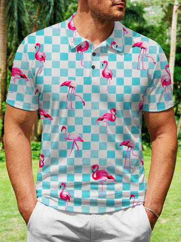 Nowcoco Beach Vacation Flamingo Men's Hawaiian Polo Shirts Stretch Wrinkle Free Lapel Tops