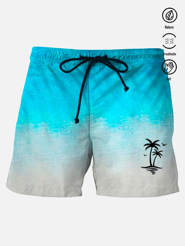 Nowcoco Beach Vacation Gradient Blue Men's Hawaiian Board Shorts Coconut Art Stretch Aloha Casual Shorts