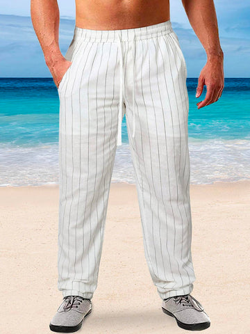 Nowcoco Beach Holiday Men's Striped Casual Pants Cotton Blend Breathable Comfort Trousers