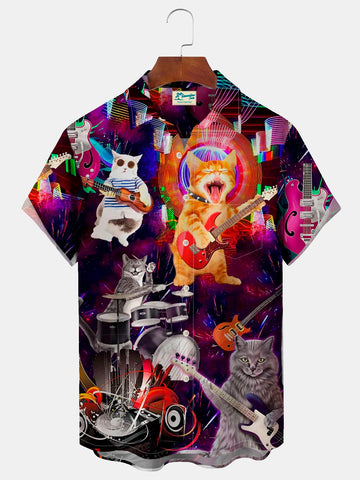 Nowcoco Musical Instruments Animals Cats Men's Bowling Button Pocket Shirts
