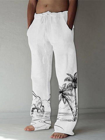 Nowcoco Beach Resort Coconut Tree Men's Casual Pants Jacquard Textured Stretch Plus Size Elastic Waistband Vintage Bottom