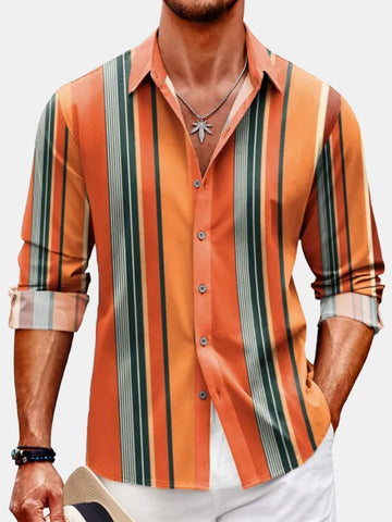 Nowcoco Orange Striped Men's Long Sleeve Shirt Wrinkle Resistant Easy Care Basic Camp Shirt Big Tall