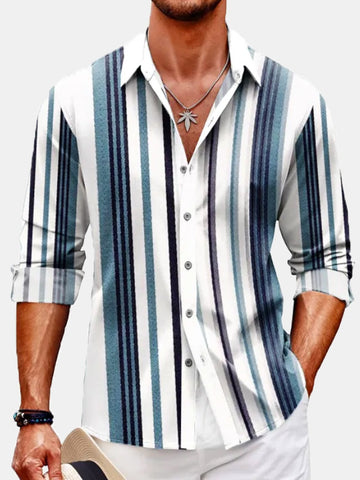 Nowcoco Gradient Blue Stripes Men's Long Sleeve Shirts Easy Care Button Camp Shirts Big Tall