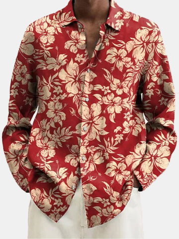 Nowcoco Holiday Beach Red Men's Hawaiian Long Sleeve Shirts Stretch Easy Care Camp Button Shirts Big Tall