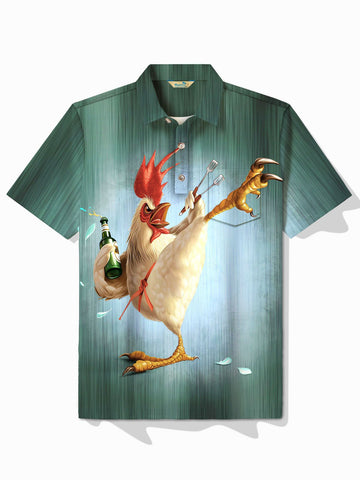 Nowcoco Retro Gradient Kung Fu Chicken Print Men's Button Pocket Short Sleeve POLO Shirt