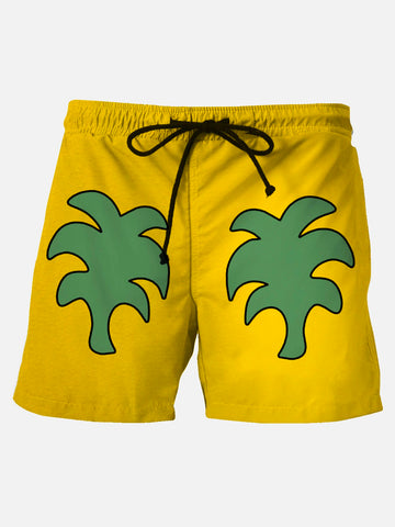 Nowcoco 50’s Retro Casual Yellow Men's Quick Dry Holiday Pants Fun Coconut Tree Cartoon Art Stretch Large Size Beach Shorts