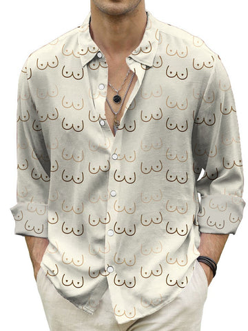 Nowcoco 50’s Cartoon Art Khaki Men's Long Sleeve Shirt Warm Comfortable Fun Sexy Button Camp Shirt Big Tall