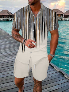 Nowcoco Beach Vacation Khaki Men's Hawaiian Shirt Set Stretch Plus Size Geometric Art Aloha Camp Button Shirt Vacation Sets