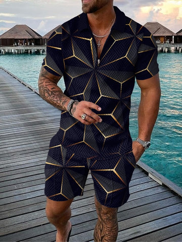 Men's Retro Geometric 3D Metallic Line Lapel Zipper Polo Suit