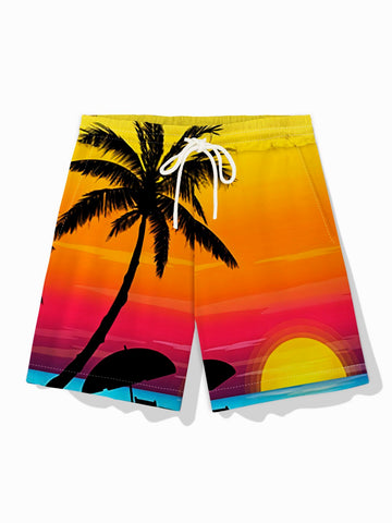 Nowcoco Hawaiian Coconut Tree Sunset Landscape Print Men's Pocket Board Shorts
