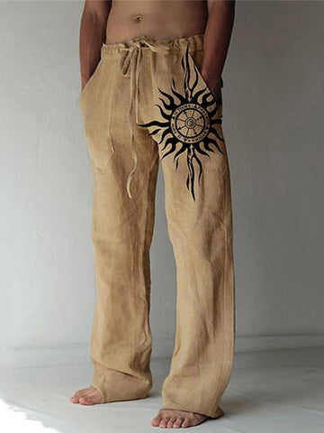 Nowcoco Beach Vacation Sun Wheel Khaki Men's Casual Pants Stretch Large Size Elastic Waist Vintage Casual Bottoms