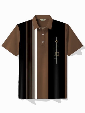 Nowcoco Retro Bowling Structure Geometric Print Men's Lapel Button Pocket Short Sleeve POLO Shirt