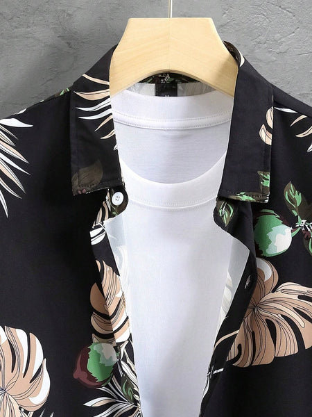 Nowcoco Beach Vacation Black Men's Hawaiian Shirts Set Stretch Plus Size  Aloha Camp Button Shirt Vacation Sets
