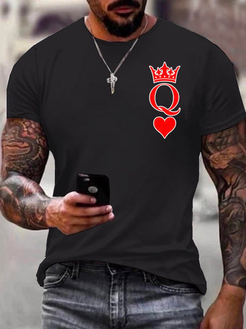 Nowcoco Valentine's Day King of Hearts Q Print Men's Round Neck T-Shirt
