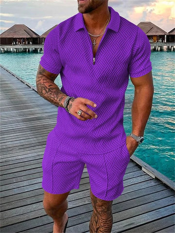 Men's Casual Basic Solid Color Geometric Zipper Lapel Polo Shirt Set