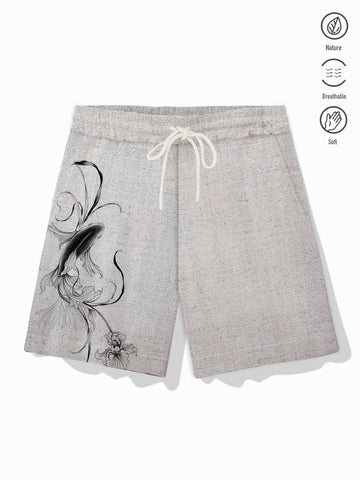 Nowcoco Cotton Linen Japanese Koi Print Men's Casual Beach Shorts