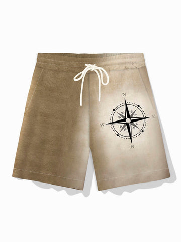 Nowcoco Vintage Compass Gradient Print Men's Drawstring Elastic Board Shorts