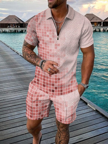 Men's Geometric Gradient Casual Pink Zip Lapel Polo Shirt Suit
