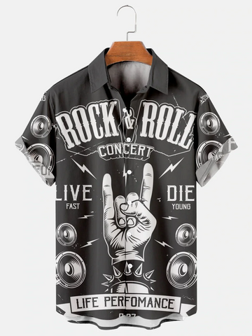 Men's Rock Poster Print Casual Loose Short Sleeve Shirt