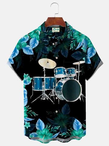 Nowcoco Music Hawaiian Floral Instruments Drum Kit Men's Button Pocket Shirts
