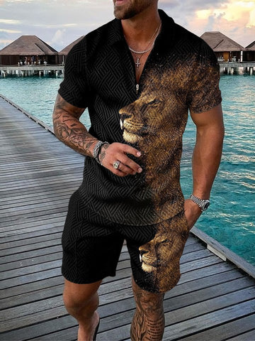 Men's Gradient Lion Casual Zip Lapel Polo Shirt Suit