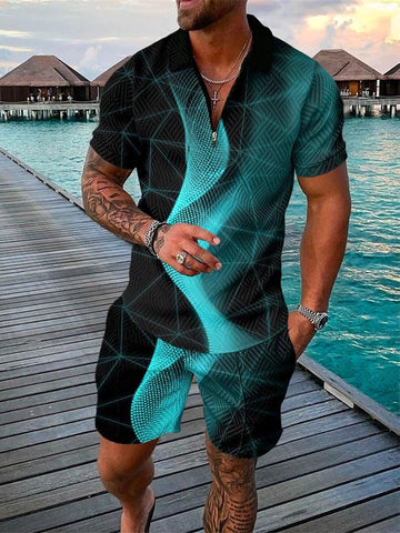 Men's 3D Gradient Color Line Geometric Casual Zipper Lapel Polo Shirt Suit