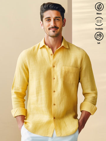 Nowcoco Beach Vacation Yellow Men's Long Sleeve Shirts Vintage Textured Stretch Aloha Camp Pocket Basics Shirts