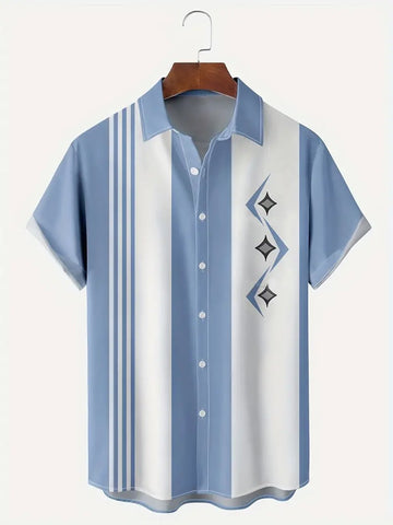 Nowcoco Lightblue Abstract Geometric Bowling Cotton-Blend Casual Plus Size Shirts