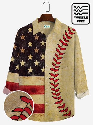 Nowcoco Vintage Men's American Flag Baseball Long Sleeve Shirt Anti-Wrinkle Seersucker Camp Pocket Shirts