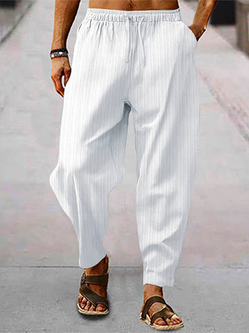 Nowcoco Beach Holiday Men's White Casual Stripe Pants Breathable Comfortable Elastic Waistband Trousers