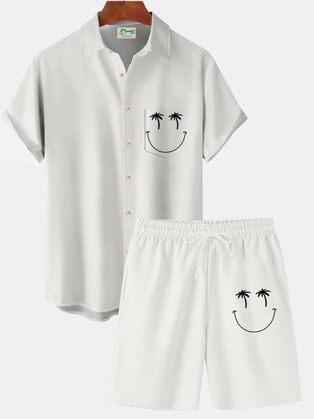 Nowcoco Hawaiian Coconut Tree Smiley Leaf Print Men's Button Pocket Shirt And Shorts Set