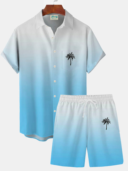 Nowcoco Hawaiian Gradient Coconut Tree Print Men's Button Pocket Two-Piece Shirt And Shorts Set