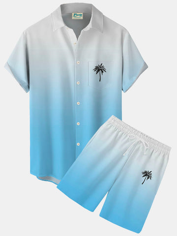 Nowcoco Hawaiian Gradient Coconut Tree Print Men's Button Pocket Two-Piece Shirt And Shorts Set