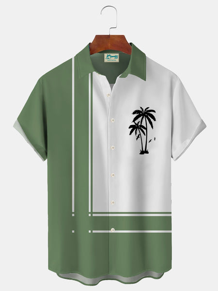 Nowcoco Hawaiian Coconut Tree Contrast Color Stitching Printed Men's Button Pocket Short Sleeve Two-piece Shirt