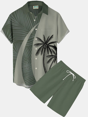 Nowcoco Hawaiian Coconut Tree Print Men's Button Pocket Two-Piece Short Sleeve Shirt And Shorts Set