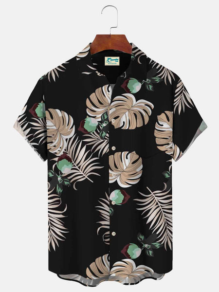 Nowcoco Beach Vacation Black Men's Hawaiian Shirts Set Stretch Plus Size  Aloha Camp Button Shirt Vacation Sets