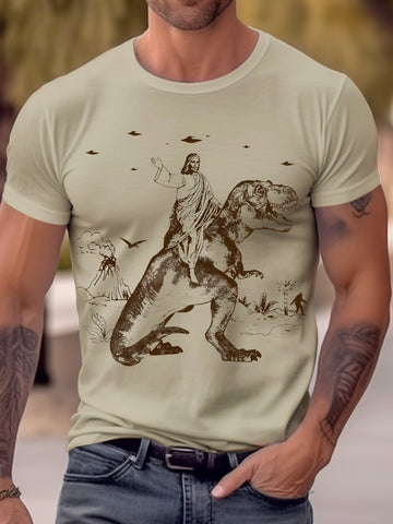 Nowcoco 50's Vintage Cartoon Men's T-Shirt Dinosaur Jesus Art Tops Big Tall