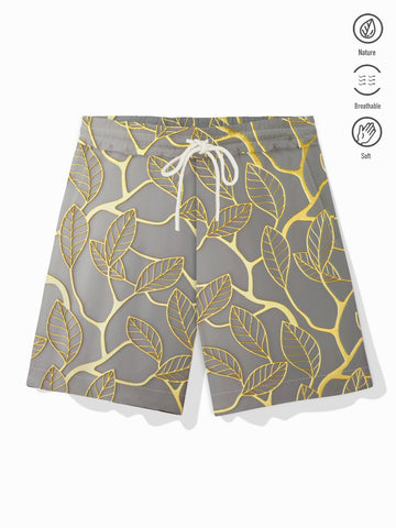 Nowcoco Hawaiian Gold Leaf Print Men's Drawstring Elastic Shorts