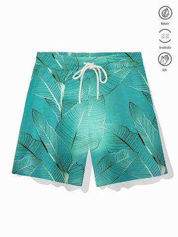 Nowcoco Hawaii Plant Leaves Gradient Print Men's Elastic Drawstring Board Shorts